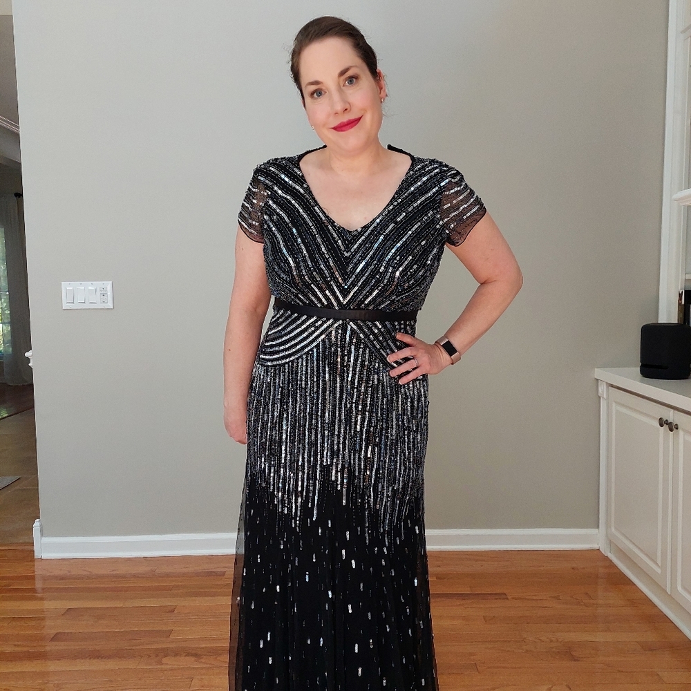 Adrianna Papell Beaded V Neck Gown